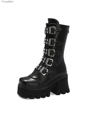 Studded Microfiber Combat Boots with Chunky Platform Heel, Mid-Calf